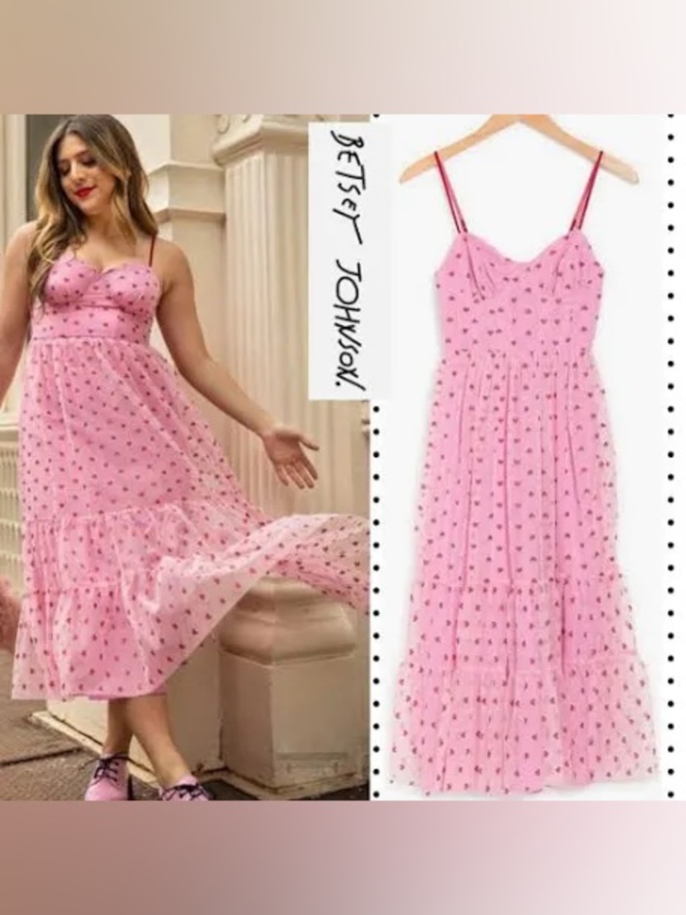 Betsey Johnson Pink Heart-Print Spaghetti-Strap Midi Dress
